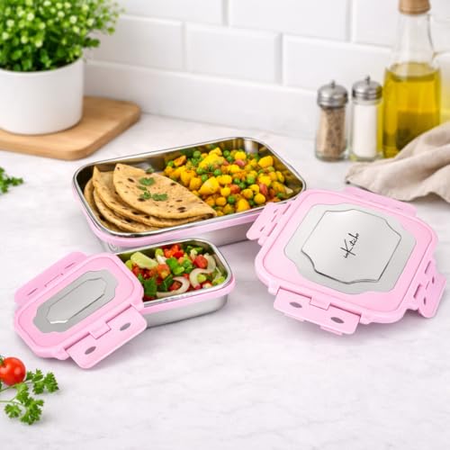 Image of Insulated Stainless Steel Lunch Box Combo Set 800ml with Airtight Leak-Proof Clip Lock Lid, Durable (Pink Tiffin with Bottle)