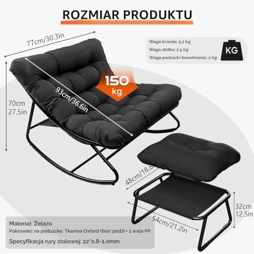 Krzesło bujane z stołkiem ogrodowym, krzesło do czytania, fotel bujany, fotel wypoczynkowy, fotel relaksacyjny z wyściełaniem, do użytku na zewnątrz, do 150 kg, na balkon, do ogrodu