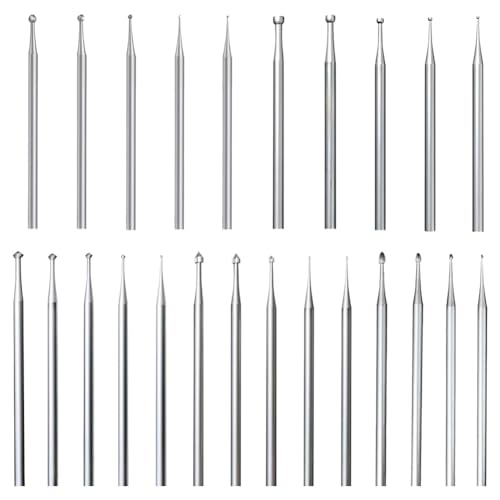 Yssevlon Juegos de Fresas con Vástago de 24 Piezas de 3/32 Pulgada, Que Incluyen Fresas Bola, Brocas Ajuste de Piedra, Fresas de Copa Redonda, Fresas Hart de 90º y Kits de Fresas de Yemas