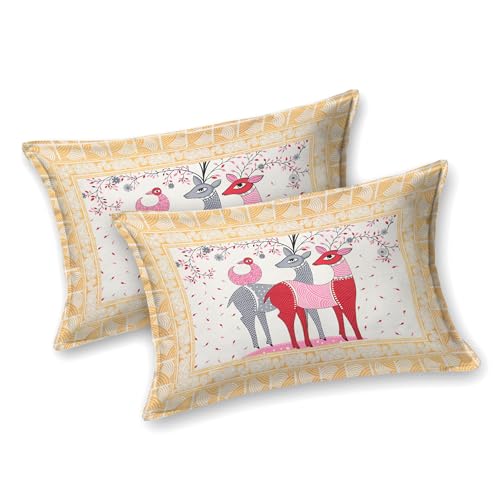 Image of Rajasthani Jaipuri Sanganeri Printed 144 TC 100% Cotton Bed Sheet Set for Double Bed,Deer Pattern, Double Bedsheet Cotton with 2 Pillow Covers