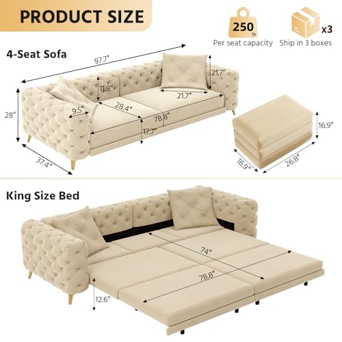 Image of KEIKI 97.7 inch Convertible Sleeper Sofa Bed, 3 in 1 Pull Out Sofa Bed, Button Tufted Modern Sofa, 4-Seater Couch with Movable Ottoman for Living Room, Bedroom, Apartment, Apricot