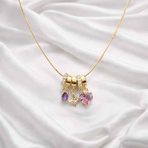 Image of Amaal Anti Tarnish Gold Necklace for Women | Crystal Heart Star Charm Pendant Chain | Stylish AD Diamond Jewellery| Adjustable Neck chains | Valentine Gift for Girlfriend, Wife Stainless Steel -302