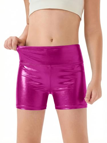 Haloumoning Girls Metallic Athletic Shorts Kids High Waisted Yoga Dance Biker Shorts Comfy Gymnastics Shorts 5-14Y
