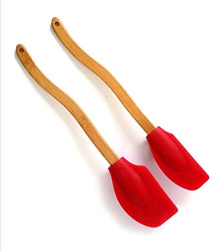 Sweet Kitchn Set of 2 Silicone Head Spatulas with Natural Bamboo Wood Handle, Red, Large and Medium