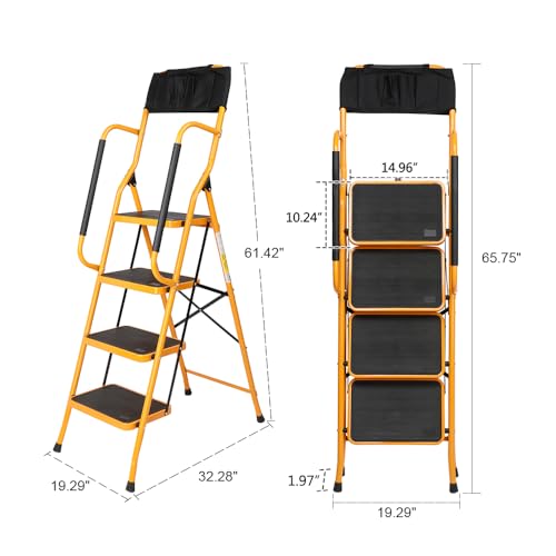 Image of 4 Step Ladder with Handrails Folding Step Stool with Attachable Tool Bag & Anti-Slip Wide Pedal, Ladders for Home Kitchen Pantry Office, 330 lb Sturdy Steel Ladder for Adults Portable, Yellow