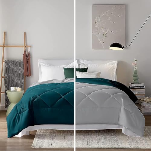 Image of Filbert 600 GSM Comforter for King Size | Super Warm Winter Quilt /Rajai | Thick Microfiber Blanket with Cloud-Soft Fill | Luxury Bedding for Winters - 92x106 Inch | Silver /Teal