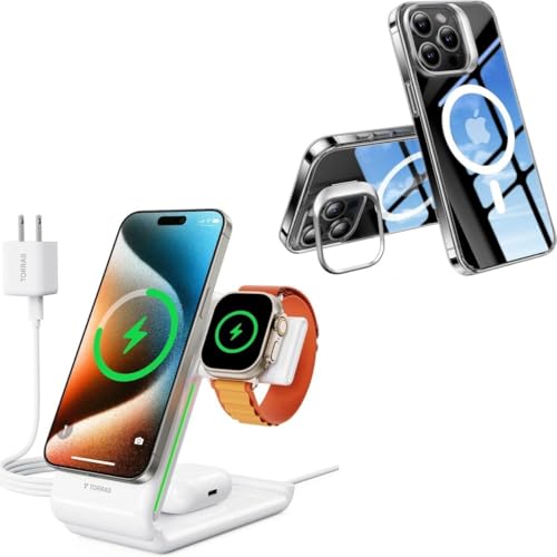 TORRAS Lstand iPhone 15 Pro Case Clear & 3 in 1 Charging Station with MagSafe Charger Stand