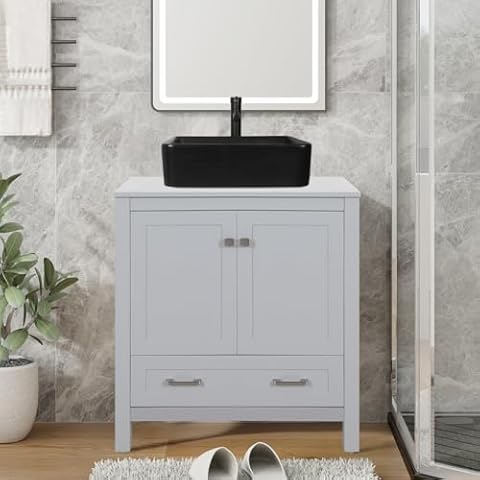 SOLIDEE 30 Inch Gray Bathroom Vanity with 2 Doors and a Drawer, Multifunctional Storage Cabinet with Black Ceramic Sink Top Cover