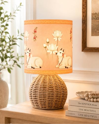 Image of Homesake Handwoven Rattan Table Lamp with Pichwai Art Printed Fabric Shade, Decorative Raffia Cane Bedside Lamp, Boho Table Lamp with E27 Holder & Bulb Included, Living Room, Bedroom & Home Decor