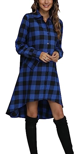 olrain Womens Plaids V Neck Long Sleeve Irregular Hem Casual Shirt Dress4