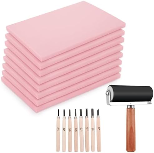 8PCS 4×6 Inch Linoleum Carving Blocks for Printmaking, Rubber Linocut Block Stamp Making Kit with Wood Carving Tools and Rubber Brayer Roller, Soft Stamp Carving Kit for DIY Crafts