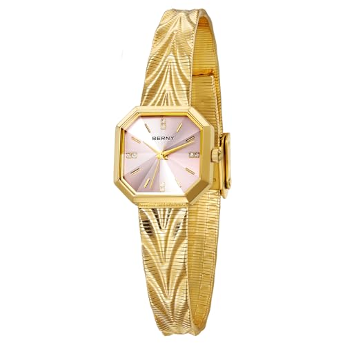 Image of BERNY Gold Watch for Women Quartz Watch Irregular Square Dial Fashion Timepiece Water-Resistant Bracelet Watch