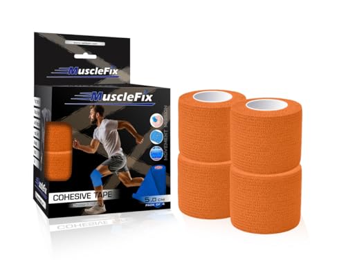Image of Cohesive Self-Adhesive Bandage Wrap | Elastic Sports Bandage for Muscle & Joint Support | Breathable, Non-Slip, No Glue | Physiotherapy, Gym, Human & Pet Use (5 cm) (Pack of 4)-Orange