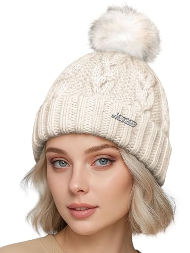 Neverless® Damen Strickmütze mit Pompom Zopfstrickmuster Bommelmütze gefüttert mit Fleece Wintermütze Model 1979 Creme Unisize