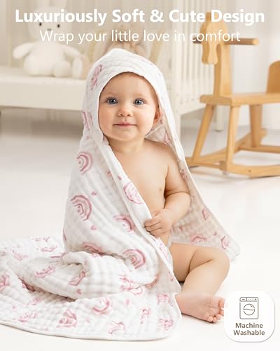 Image of Baby Girl Bath Towels, 100% Muslin Cotton Hooded Baby Towels for Newborn, 2 Pack Baby Towels with Hood for Infant Toddler and Kids, Large 32x32Inch Bath Essentials, Soft and Absorbent