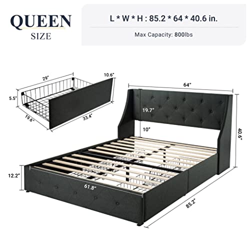 Allewie Queen Bed Frame With 4 Storage Drawers And Wingback Headboard, Button Tufted Design, No Box Spring Needed, Dark Grey #TOP1