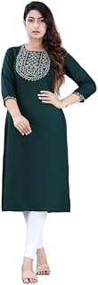 Solid Neck Embroidered Regular 3/4th Sleeeves Kurti for Women Dark Green Price In India