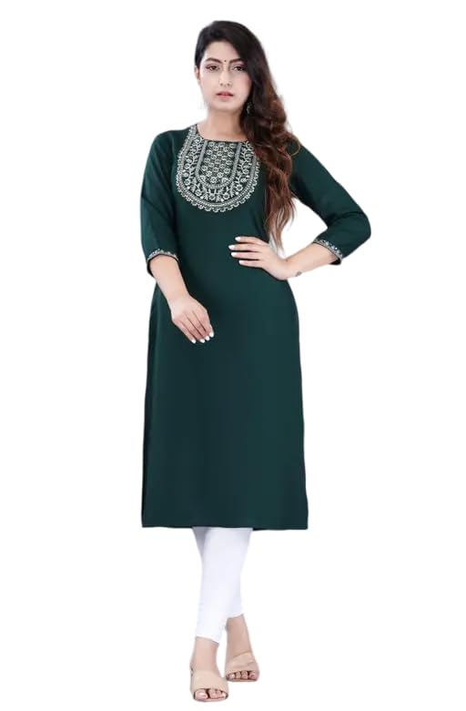Solid Neck Embroidered Regular 3/4th Sleeeves Kurti for Women Dark Green - Review, Price and Buying Guide