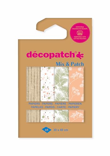 Décopatch DP033C – Una Bolsa de 4 Hojas Tamaño: 30 x 40 cm – Papeles Impresos, Rosa y Verde – Mix & Patch – A Partir de 5 años, DIY, creación, renovación, Actividad Creativa