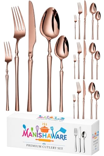 Image of Elegant Handle Rose Gold 20 Pcs Stainless Steel Cutlery Set for Dining Table, Dishwasher Safe Glossy Flatware (4 Spoon Set+4 Forks Set+4 Butter Knife+4 Dessert Spoon+ 4 Fruit Fork)