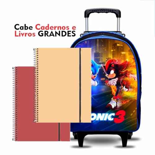 Sonic 3 Kit Escolar com Mochila de Rodas, Estojo e Mochila Pequena, Design Sonic vs Shadow, Azul