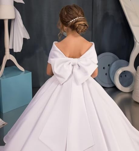Off Shoulder Flower Girl Dresses for Wedding Satin Princess Pageant Dress First Communion Dress with Bow4