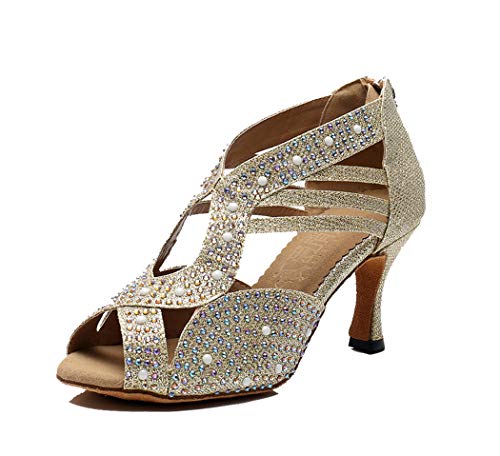 MGM-Joymod - Sandalias de baile latino para mujer con cremallera y brillantes sintéticos con diamantes de imitación, para bodas y fiestas, color Dorado, talla 36.5 EU