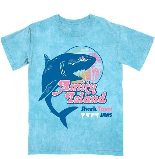 Bioworld Jaws Amity Island Shark Tours Womens Blue Mineral Wash Crew Neck Short Sleeve T-Shirt-Medium