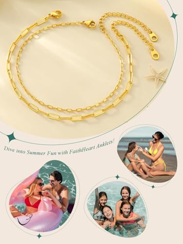 Image of FaithHeart Waterproof Ankle Bracelets for Women, 1 /2 /3Pcs Non Tarnish Stainless Steel Layered Anklet Set Paperclip Figaro Cuban Link Chain Dainty Summer Beach Jewelry Gift Adjustable Size