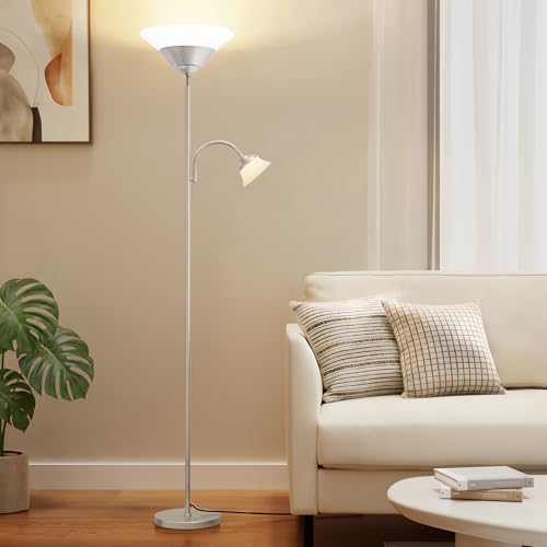 Image of SIBRILLE 2-in-1 Torchiere Floor Lamp, 34W Super Bright LED Standing Lamp with Remote & Touch Control, 72 inch Dimmable Adjustable Corner Reading Lamp for Living Room, Bedroom, Office, Silver