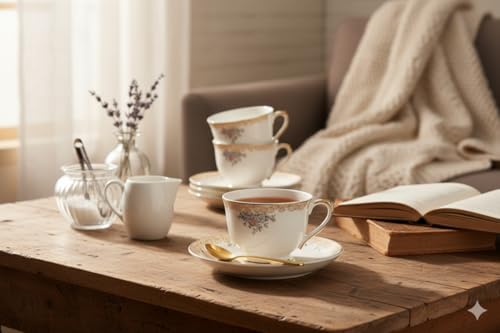 Image of Fine Bone China White Gold Cups and Saucer with Golden Rim, 180 ml Tea Cup Set of 6 Cup and Saucer Set for Tea Milk & Coffee Chai, Tea Cup Set Mug