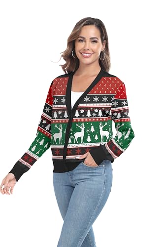 Image of Ugly Christmas Reindeer Cardigan Sweater Women Oversized Knit Open Front Tops Dear Christmas Reindeer Tree Funny X Mas 2024 Clothing Black L