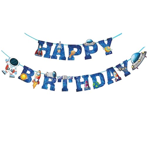 Astronaut Space Ship Happy Birthday Banner,Outer Space Happy Birthday Bunting Boys Birthday Party Banner Decoration Blue
