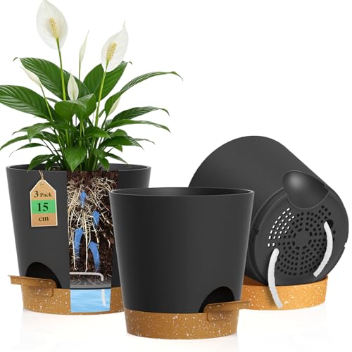 WSMKSZ 15 cm Self Watering Plant Pots Indoor 3 Pack 6 inch Thick Plastic Flower Pots with Drainage Holes and Removable Reservoir Small Nursery Pots with Cotton Wick for House Plants Black Brown