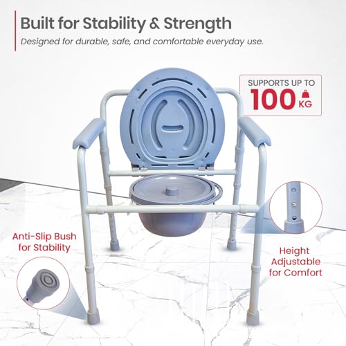 Image of AGEasy (Max Group) Foldable Commode Chair | Adjustable Height, Lightweight Bedside Toilet Chair for Adults & Seniors | Sturdy Aluminum Frame, Supports Up to 100 kg