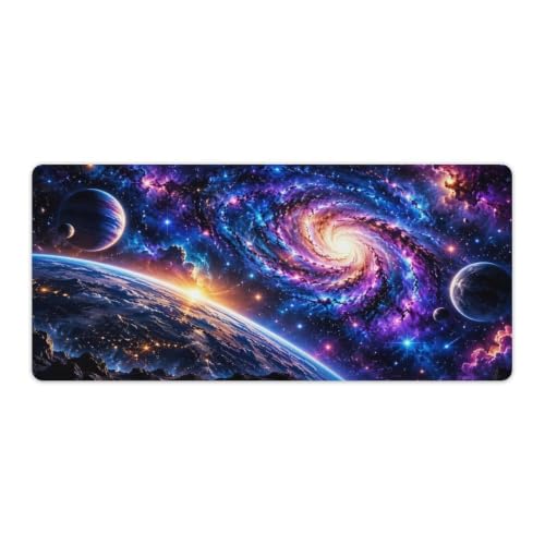 Blue Purple Galaxy Mouse Pad Glowing Spiral Planets Earth Art Desk Mat