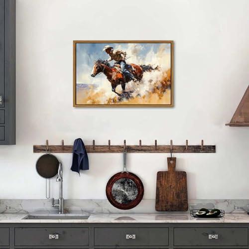 Image of Cowboy Canvas Wall Art Vintage Western Framed Wall Decor Horse Rider Canvas Prints Rodeo Wall Art Farmhouse Western Artwork for Living Room Bedroom Office Rustic Country Decor Home Decorations 16x24