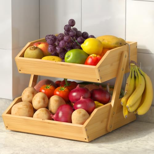 Sevenblue 2-Tier Bamboo Fruit Basket with 2 Banana Holders