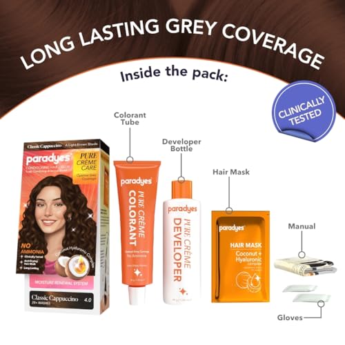 Image of Paradyes Pure Creme Care No Ammonia Hair Color Classic Cappuccino 4.0 | Long-Lasting Creme Formula | Grey Coverage | Coconut Milk + Almond Oil + Hyaluronic Complex | Smooth & Shiny Finish | 60g+10 ml
