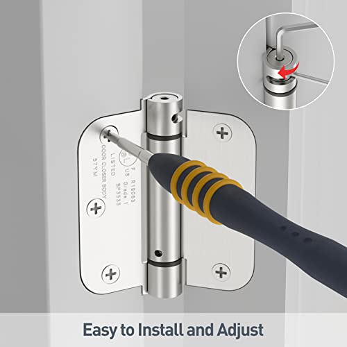Hosom Self Closing Door Hinges 3.5 Inch, Spring Loaded Hinges, Adjustable Tension For Interior Door, Ul Listed, For Left And Right Hand Door, 5/8'' Radius Corners, Brushed Nickel, 2 Pack #TOP4