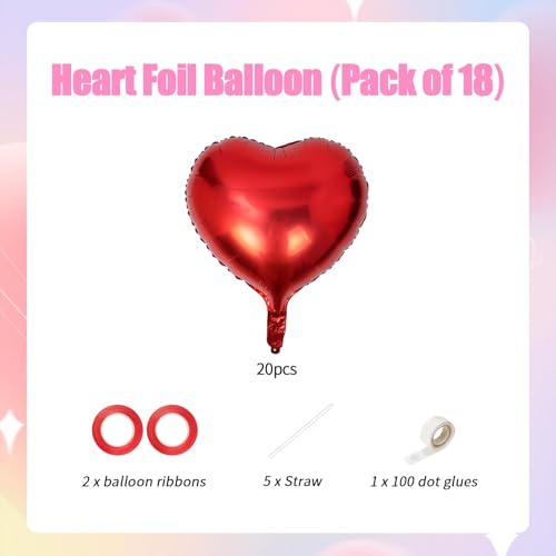 Image of 20pcs Red Heart Balloons, 18 Inch Foil Heart Shape Love Balloons, Valentine Balloon for Baby Bridal Shower, Anniversary, Wedding, Valentine's Day Decoration