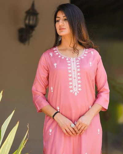 Fabnex Kurta Set For Women | Women Embroidered Kurta Set | Women Kurta Sets Kurtis | Women Kurta Pant Set (K-57-59) (Large, Pink)
