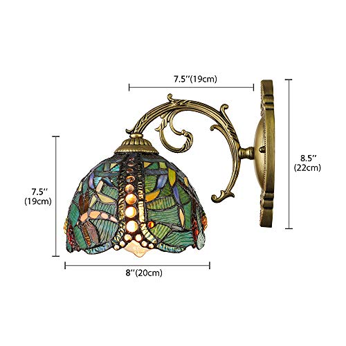 Litfad Turquoise Dragonfly Wall Sconce Tiffany Style Stained Glass Wall Light 8" Width One Light Victorian Decorative Wall Lamp For Staircase Bedroom Hotel #TOP4