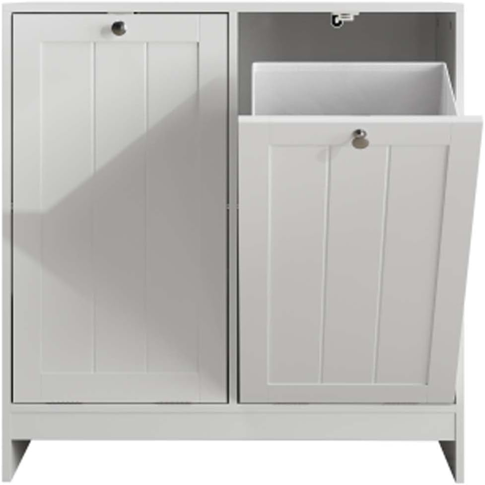 Tilted Double Laundry Hamper, Removable Laundry Basket, Bathroom Laundry Hamper Storage Cabinet, Free-Standing Home Organizer, White