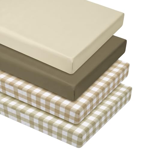 VitalCozy 4 Pcs Checkered Khaki Crib Sheet Set Newborn Bedding Nursery Baby Sheets for Girl Boys Baby Gifts for Standard Crib and Toddler Mattresses,...