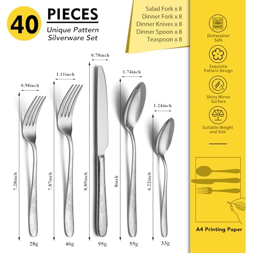 Image of 40 Piece Silverware Set, Service for 8, EIUBUIE Premium Stainless Steel Cutlery Set, Mirror Polished Flatware Sets with Pattern Handle, Modern Kitchen Eating Utensils Sets