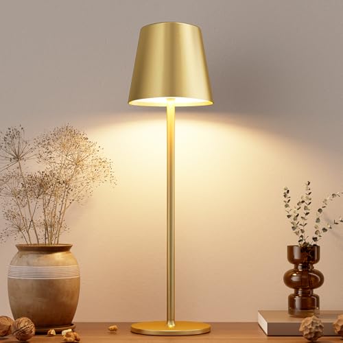 Image of Kakanuo Cordless Table Lamp, Battery Operated Lamp, Portable LED Wireless Rechargeable Lamp, 3 Color Stepless Small Table Lamp for Restaurant, Bar, Party, Camping and Bedroom - Gold