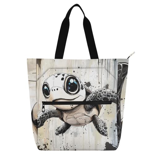 Bolsa de mano con asas de tela tejida de tortuga blanca y bolsillos integrados