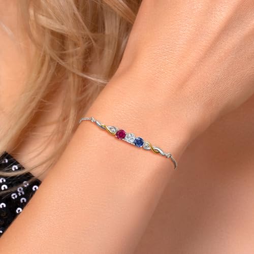 Gem Stone King 925 Sterling Silver and 10K Yellow Gold Customized and Personalized 3 Gemstone Birthstones and White Lab Grown Diamond Tennis Bracelet For Women Adjustable up to 9 Inches4