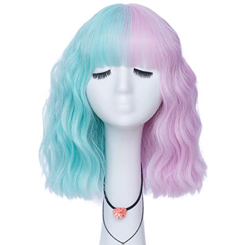 LABEAUTÉ Rainbow Wavy Wig, Synthetic Short Bob Curled Muti Color Wigs for Lolita, Halloween - Natural Look, 13inch, Green mix Pink